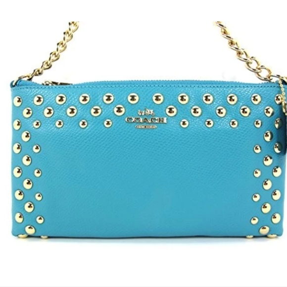 COACH Studded Cross Grain Leather Quinn Crossbody F53140 Cadet Blue - Picture 1 of 5